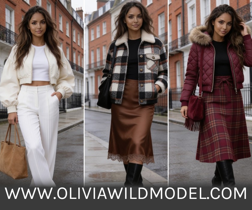 Bomber jacket outfit guide collage: cream, plaid and burgundy jacket looks