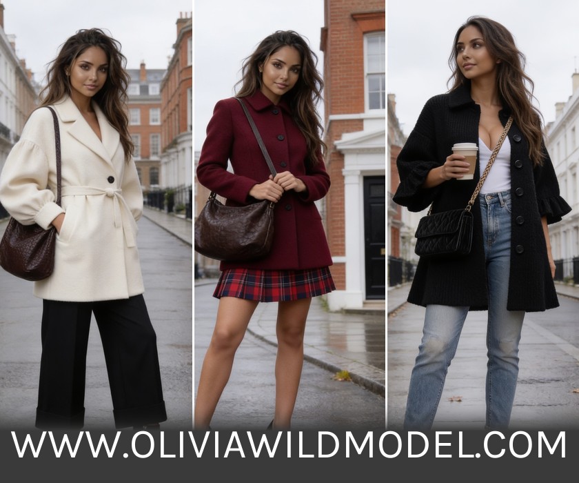 Coat outfit guide collage: cream, burgundy and black knit coat looks
