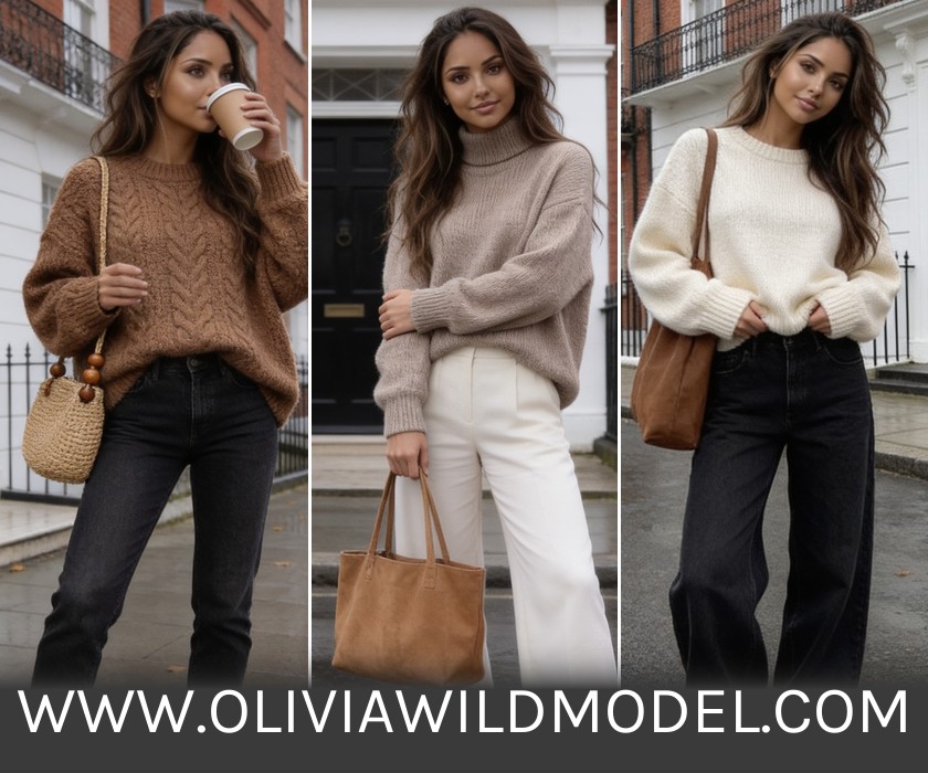 Oversized sweater outfit guide collage: coffee cable-knit, oatmeal and cream sweater looks