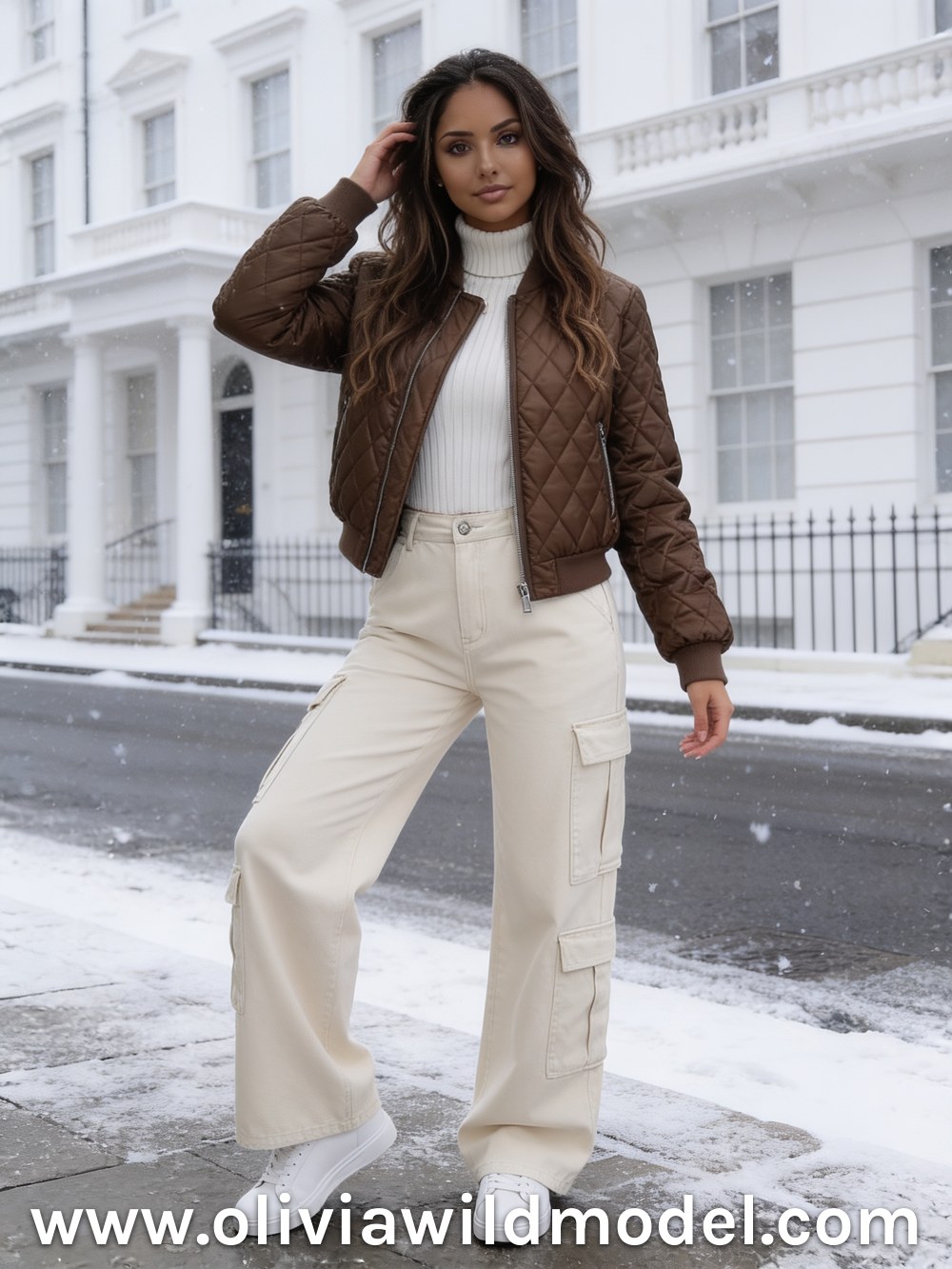 Herbst-Outfit im Street-Style: Creme-Cargojeans & braune Steppbomber