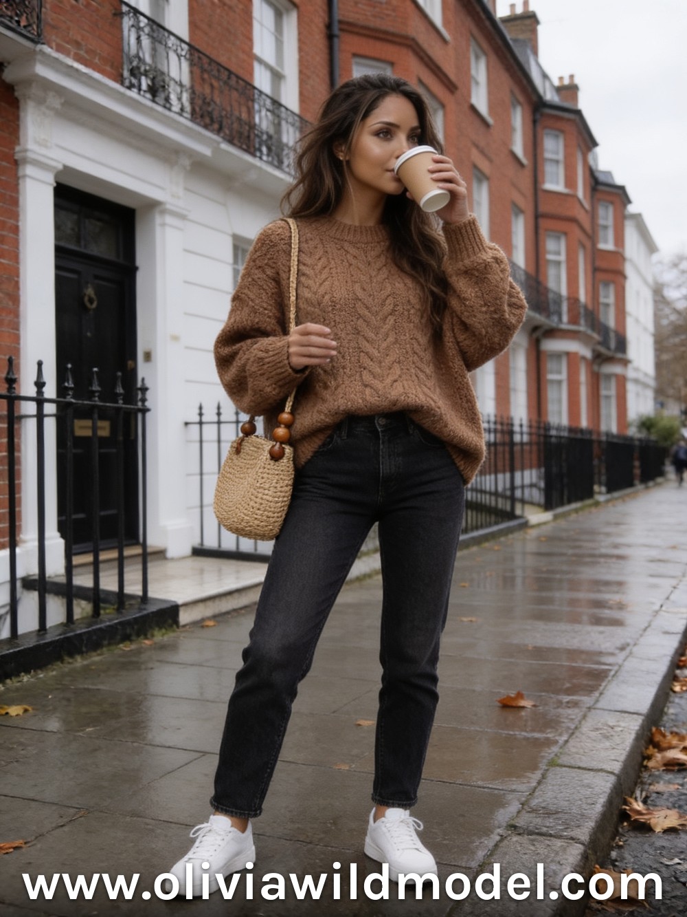 Herbst-Outfit: Grober Zopfstrick & Strohtasche