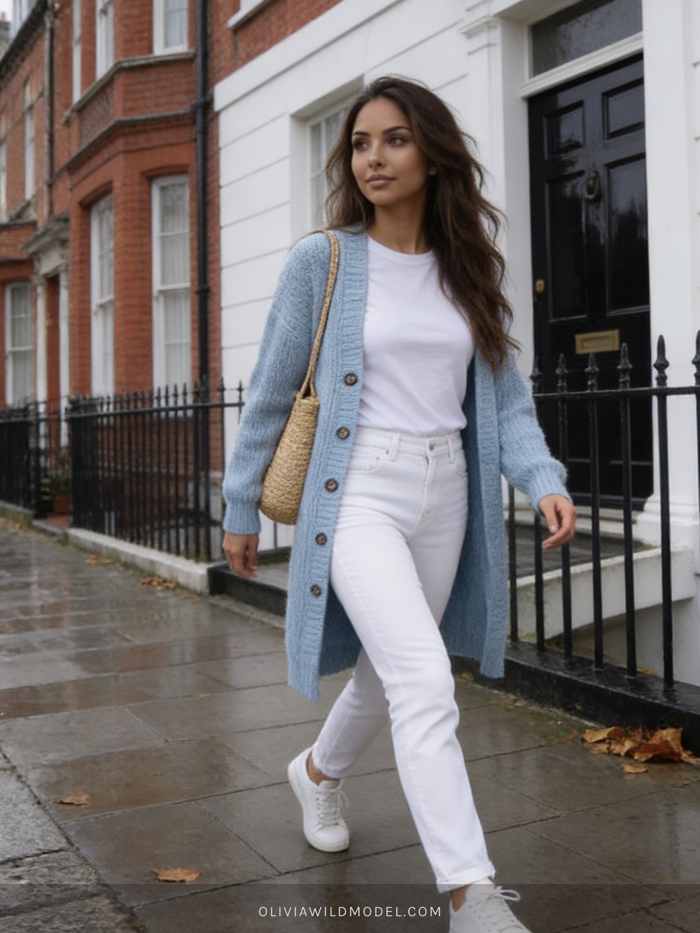 Fall street-style outfit on a London street: open pastel-blue button cardigan over a white tee with white straight jeans, white trainers and a straw shoulder bag
