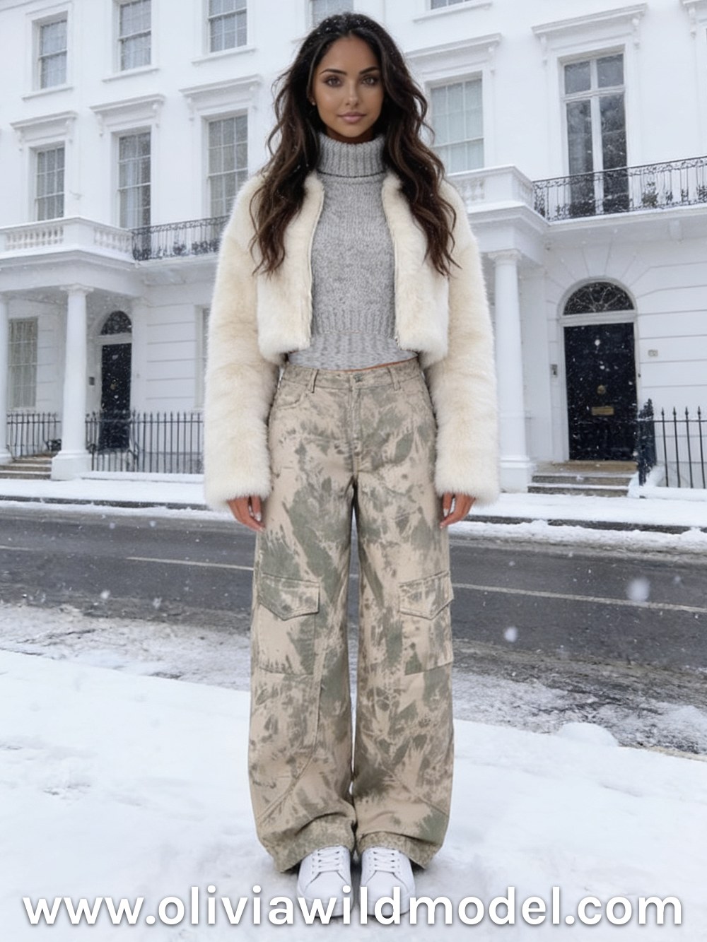 Herbst-Outfit im Street-Style: Tie-Dye-Cargohose & cremefarbene Kunstfell-Jacke