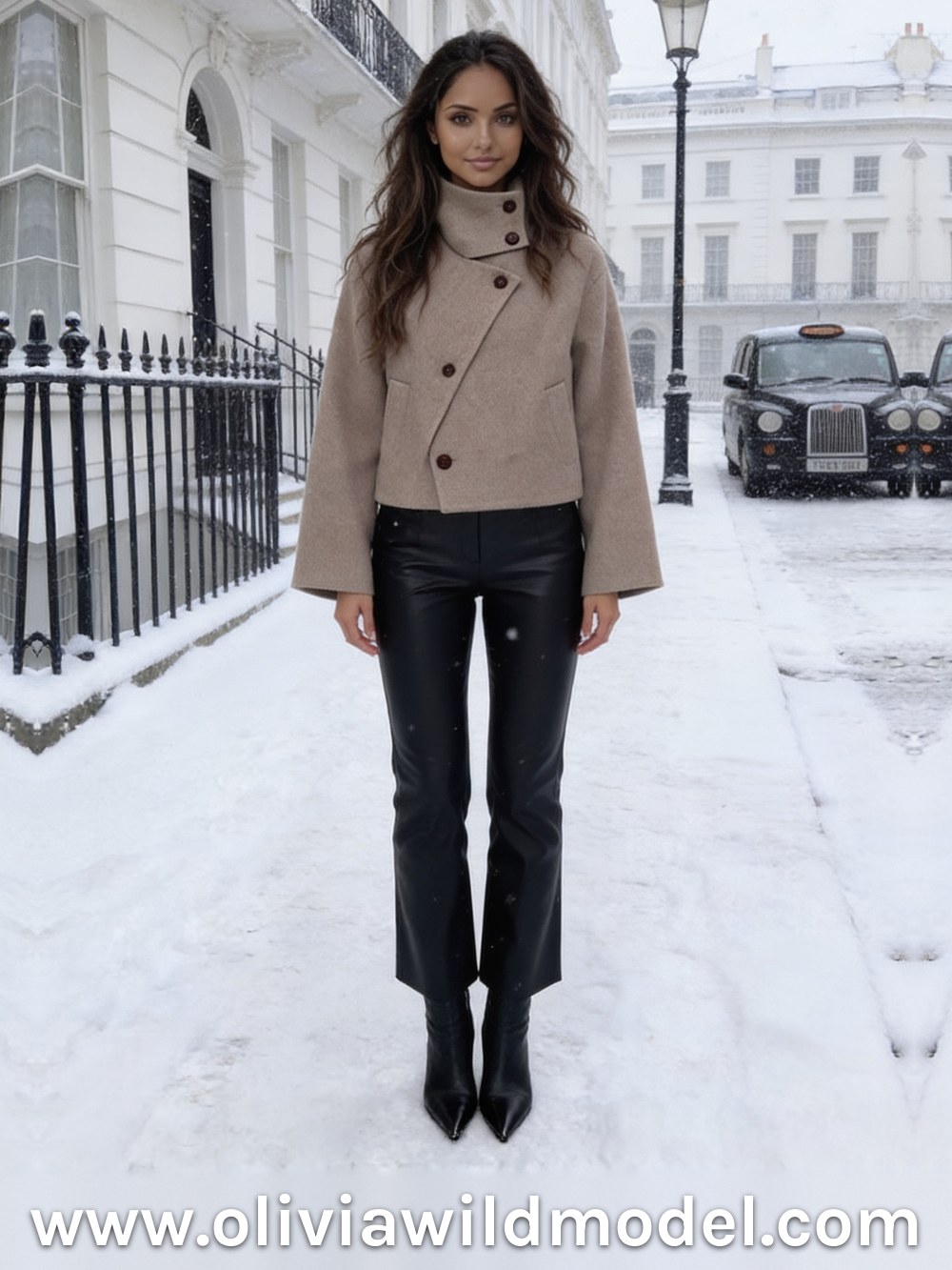 Short jacket outfit on a snowy London street: a warm taupe short wool jacket with a stand-up collar and a diagonal button front, black faux leather straight trousers and black pointed ankle boots