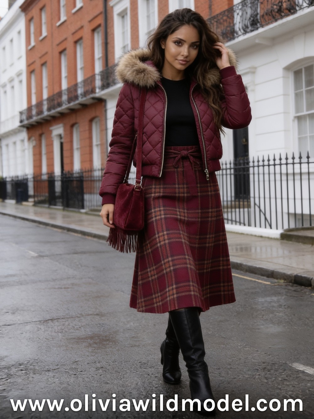 Burgundy Puffer & Plaid Maxi Skirt: fall outfit by Olivia Wild