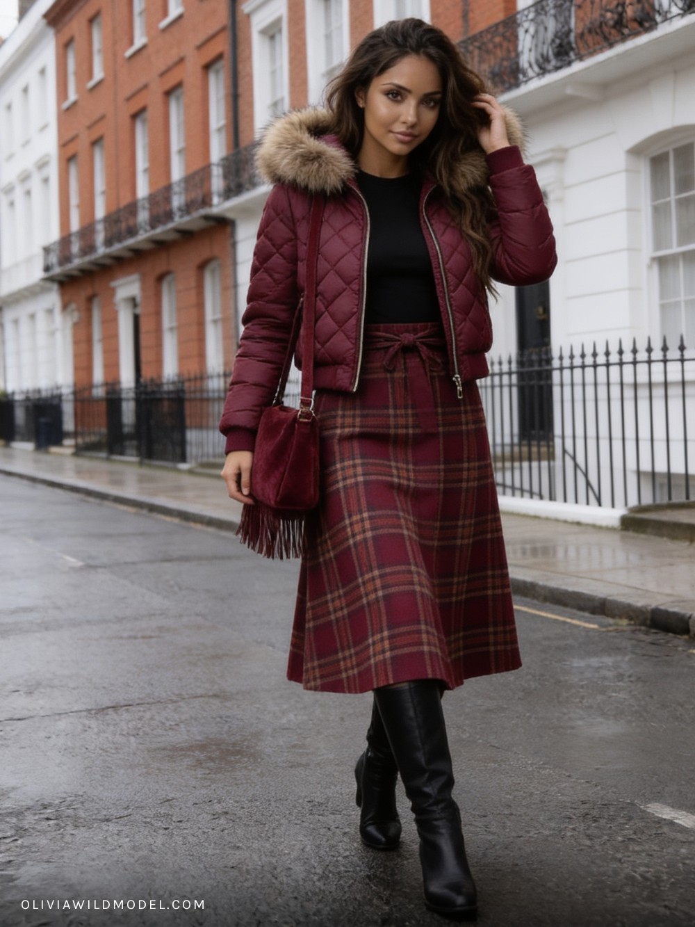 Fall street-style outfit on a London street: burgundy diamond-quilted puffer jacket with a faux-fur trimmed hood, a burgundy-and-brown plaid A-line maxi skirt, a large black tote and black knee-high boots