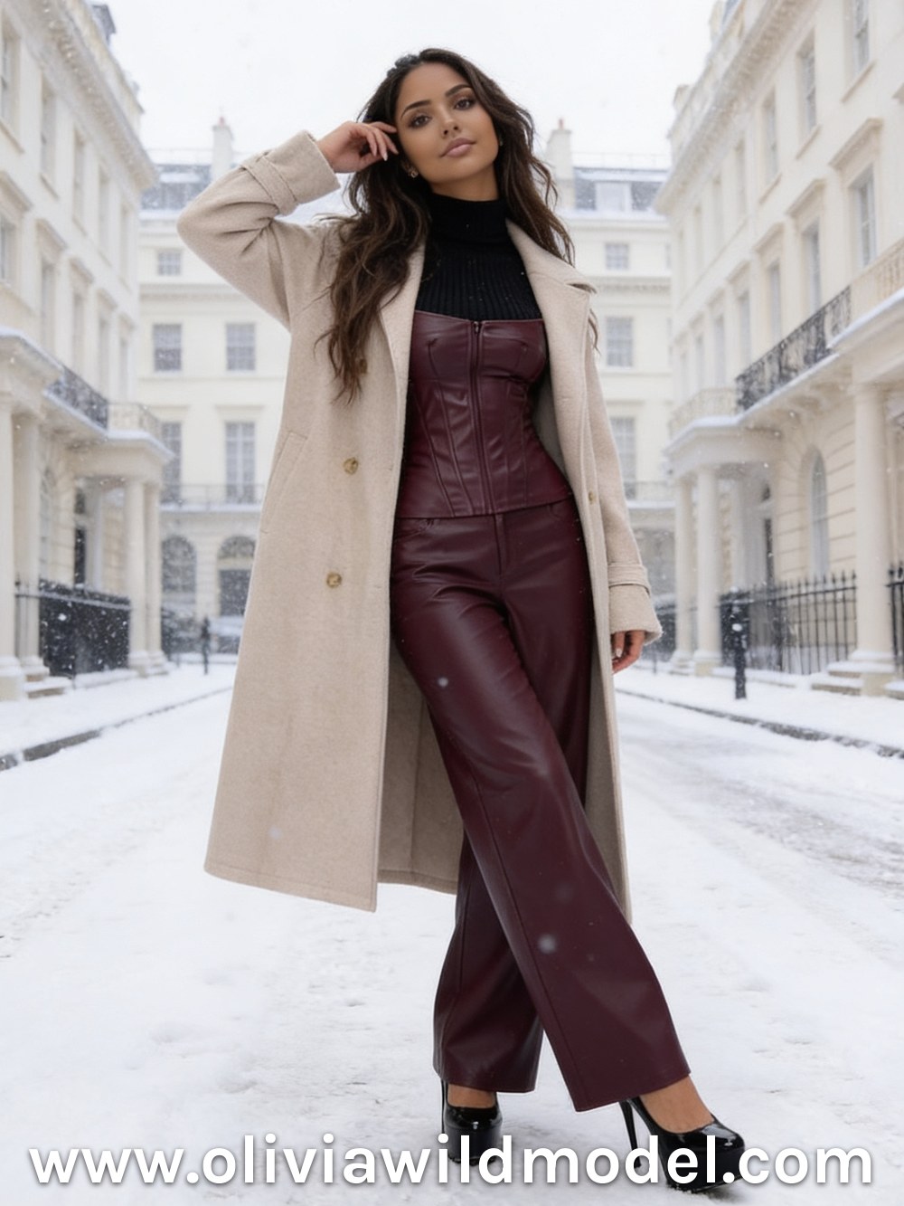 Herbst-Outfit im Street-Style: Bordeaux-Leder-Set & langer beiger Mantel
