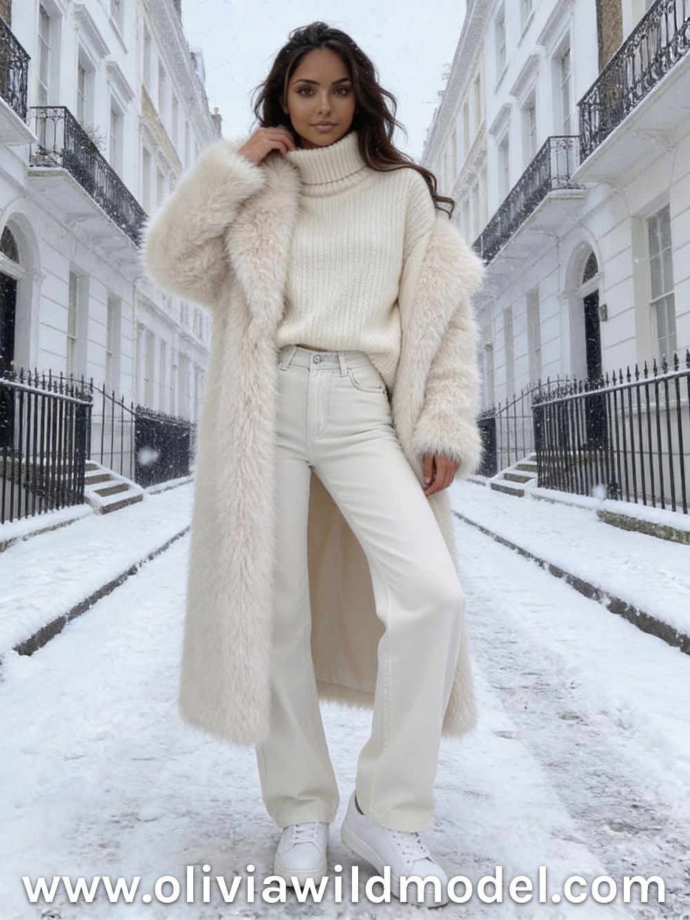 Winter white outfit on a snowy London street: white wide-leg jeans, a long white faux fur coat worn open, an ivory oversized turtleneck and white sneakers
