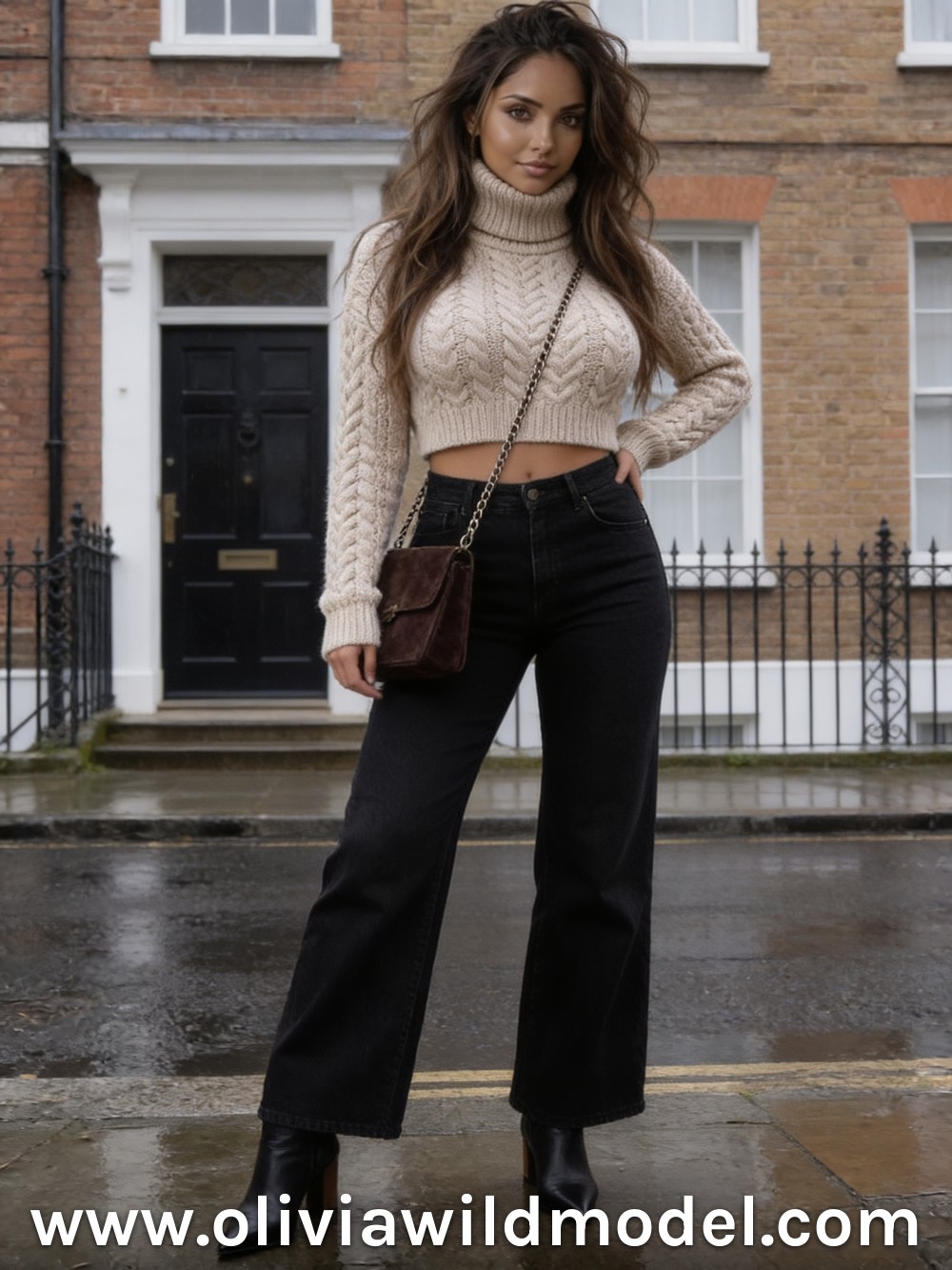 Beige Cable-Knit Turtleneck & Black Wide-Leg Jeans: fall outfit by Olivia Wild
