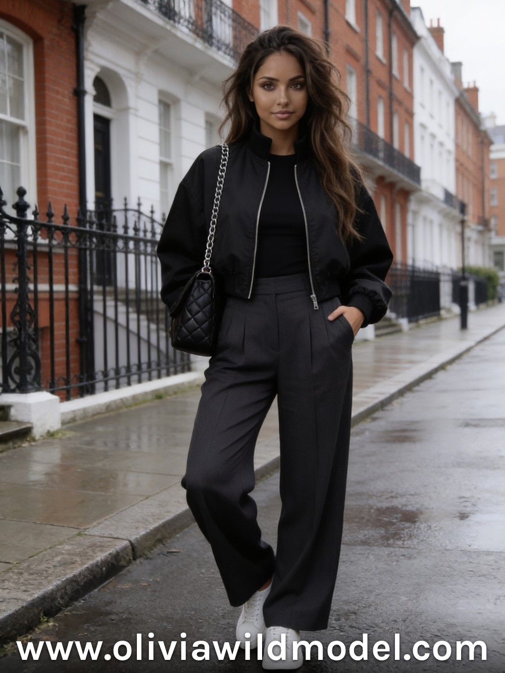 Black Bomber & Charcoal Trousers: fall outfit by Olivia Wild