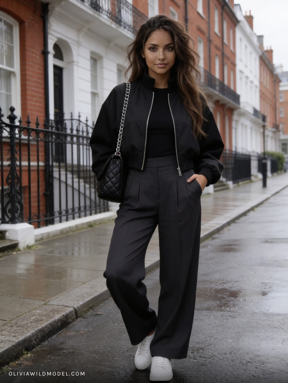 Fall street-style outfit on a London street: black zip-up stand-collar bomber jacket with dark charcoal grey wide-leg tailored trousers, a black quilted chain shoulder bag and white trainers