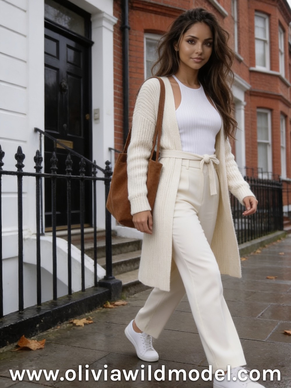 Belted Cream Cardigan, Cream Trousers: fall outfit by Olivia Wild