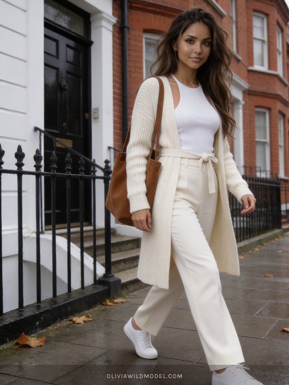 Fall street-style outfit on a London street: cream ribbed cardigan belted at the waist over a white tank, cream wide-leg trousers, white trainers and a brown suede tote