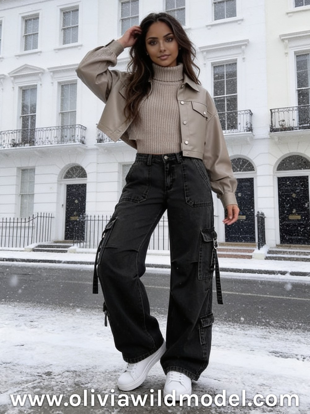 Herbst-Outfit im Street-Style: Schwarze Washed-Cargojeans & beige Kunstlederjacke