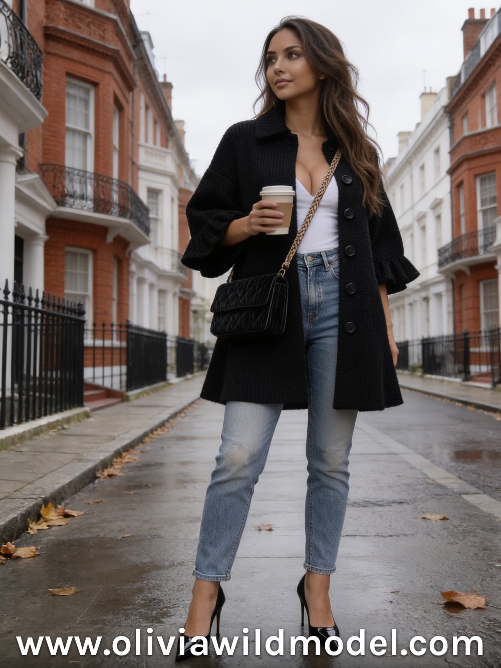 Herbst-Outfit im Street-Style: Schwarzer Strickmantel & helle Jeans