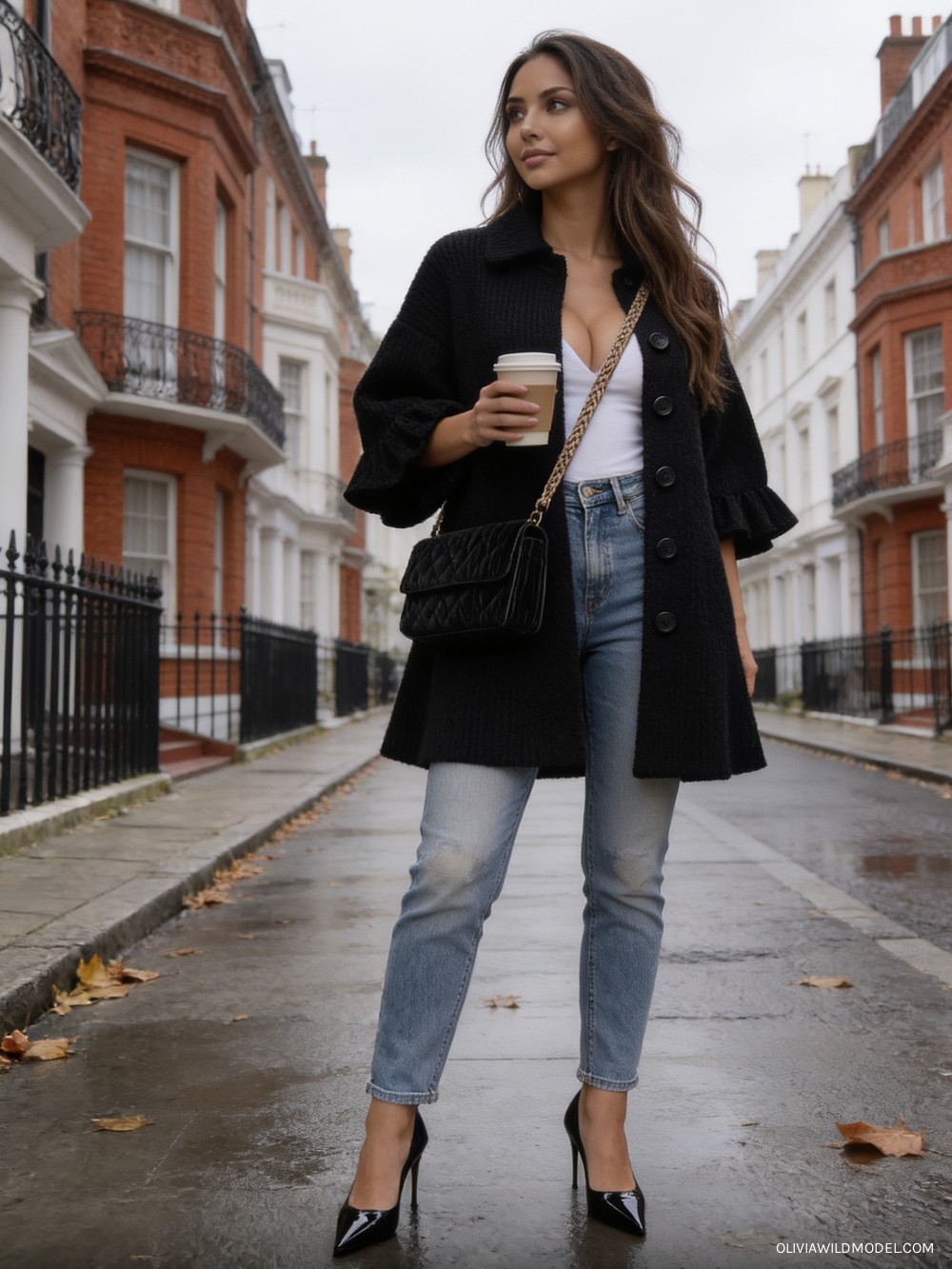 Fall street-style outfit on a London street: black button-front knit coat with bell sleeves and ruffled cuffs, light-wash boyfriend jeans, a black quilted corduroy crossbody bag and black patent pumps