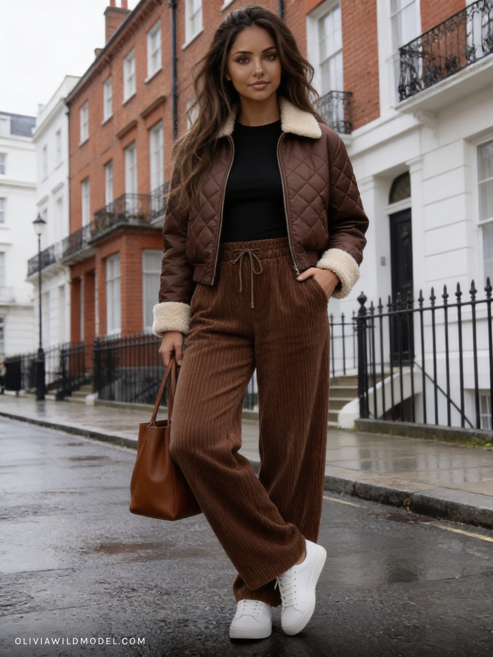 Fall street-style outfit on a London street: coffee-brown diamond-quilted bomber jacket with a shearling collar, brown corduroy wide-leg trousers, a brown leather tote and white trainers