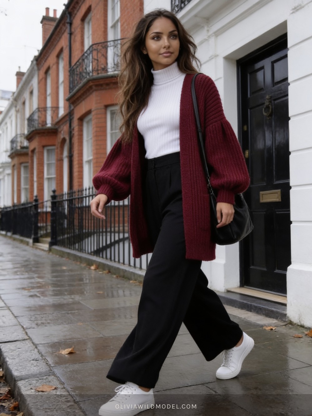 Fall street-style outfit on a London street: open wine-red balloon-sleeve knit cardigan over a white ribbed turtleneck with black wide-leg trousers, white trainers and a black shoulder bag