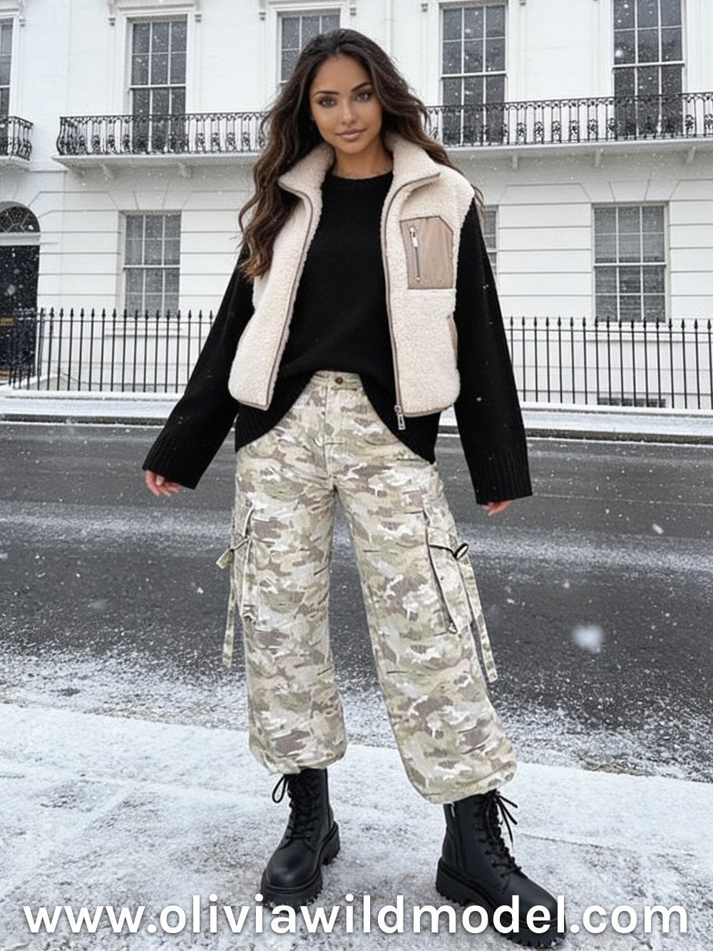 Herbst-Outfit im Street-Style: Camo-Cargojeans & cremefarbene Sherpa-Jacke