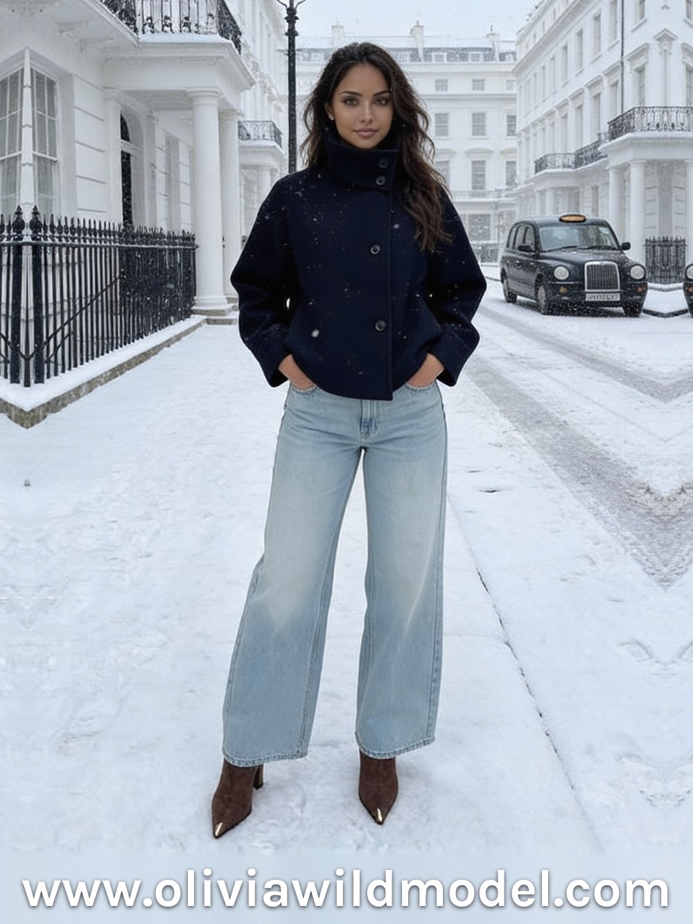 Short jacket outfit on a snowy London street: a navy blue short wool jacket with a funnel collar buttoned up, light blue wide-leg jeans and brown suede ankle boots