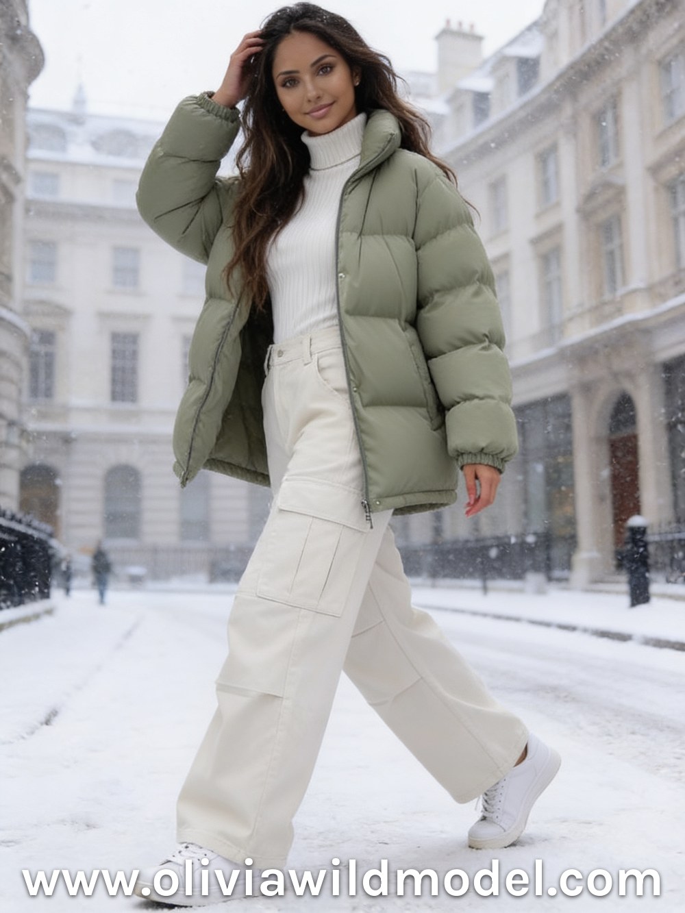 Winter street-style outfit on a snowy London street: oversized sage green puffer jacket over a white ribbed turtleneck, beige wide-leg cargo pants and white sneakers