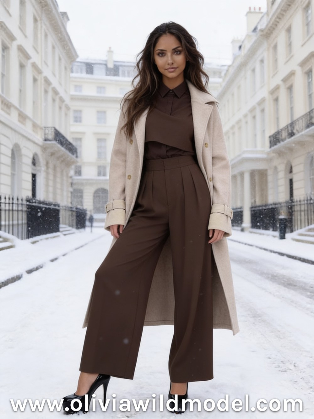 Herbst-Outfit im Street-Style: Braunes Hemd-Set & langer beiger Wollmantel
