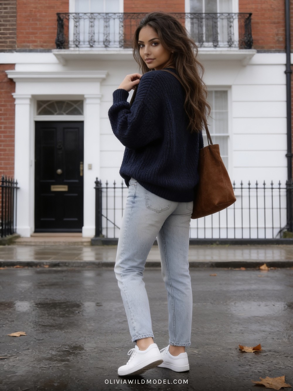 Fall street-style outfit on a London street: oversized navy blue chunky knit sweater with light-wash straight jeans, a brown suede tote and white trainers