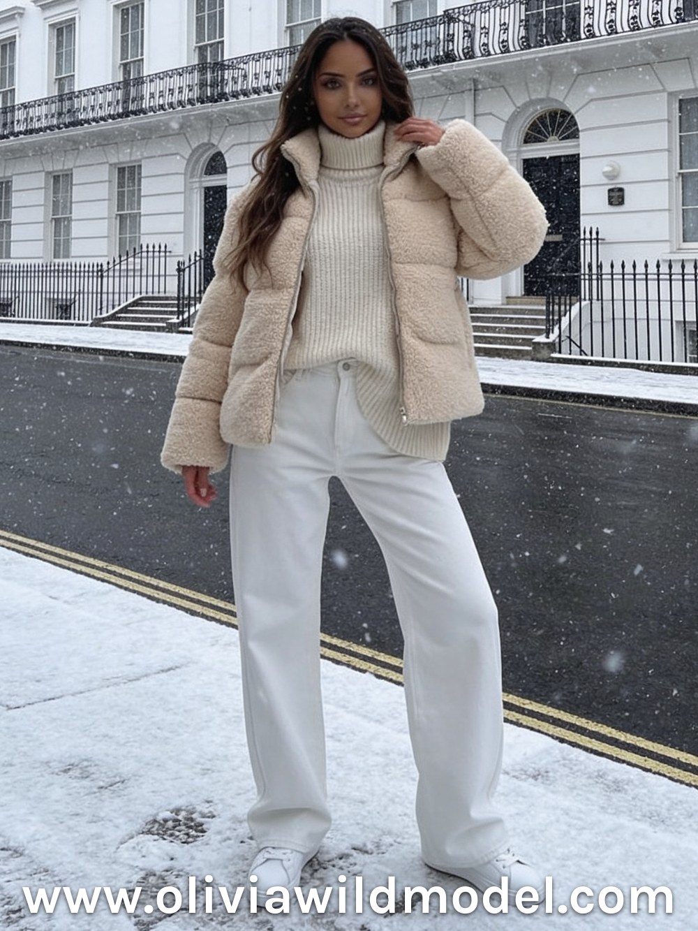 Winter white outfit on a snowy London street: white baggy wide-leg jeans, a cream teddy-fleece jacket worn open, an ivory oversized turtleneck and white sneakers