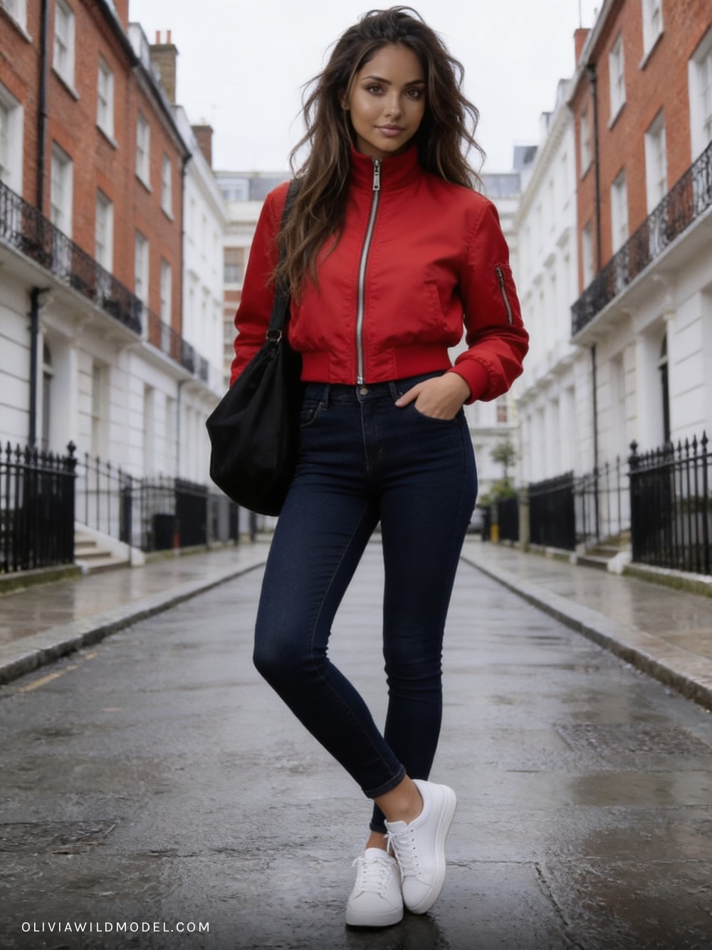 Fall street-style outfit on a London street: red high-neck zip-up bomber jacket with a drawstring hem, dark navy blue high-waisted skinny jeans, a black shoulder bag and white trainers