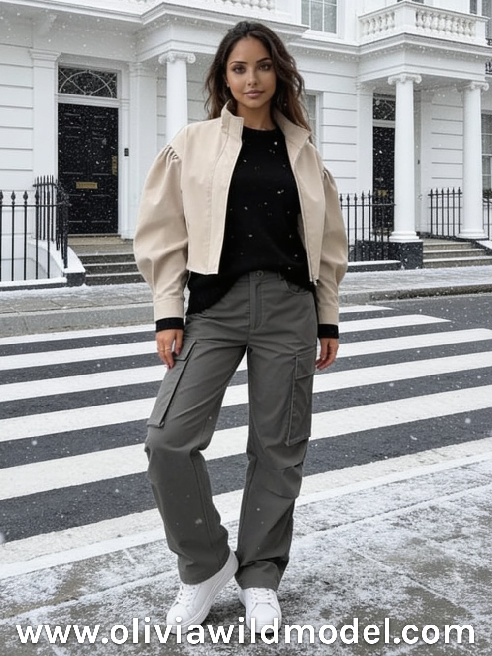 Herbst-Outfit im Street-Style: Graue Cargohose & beige Stehkragenjacke