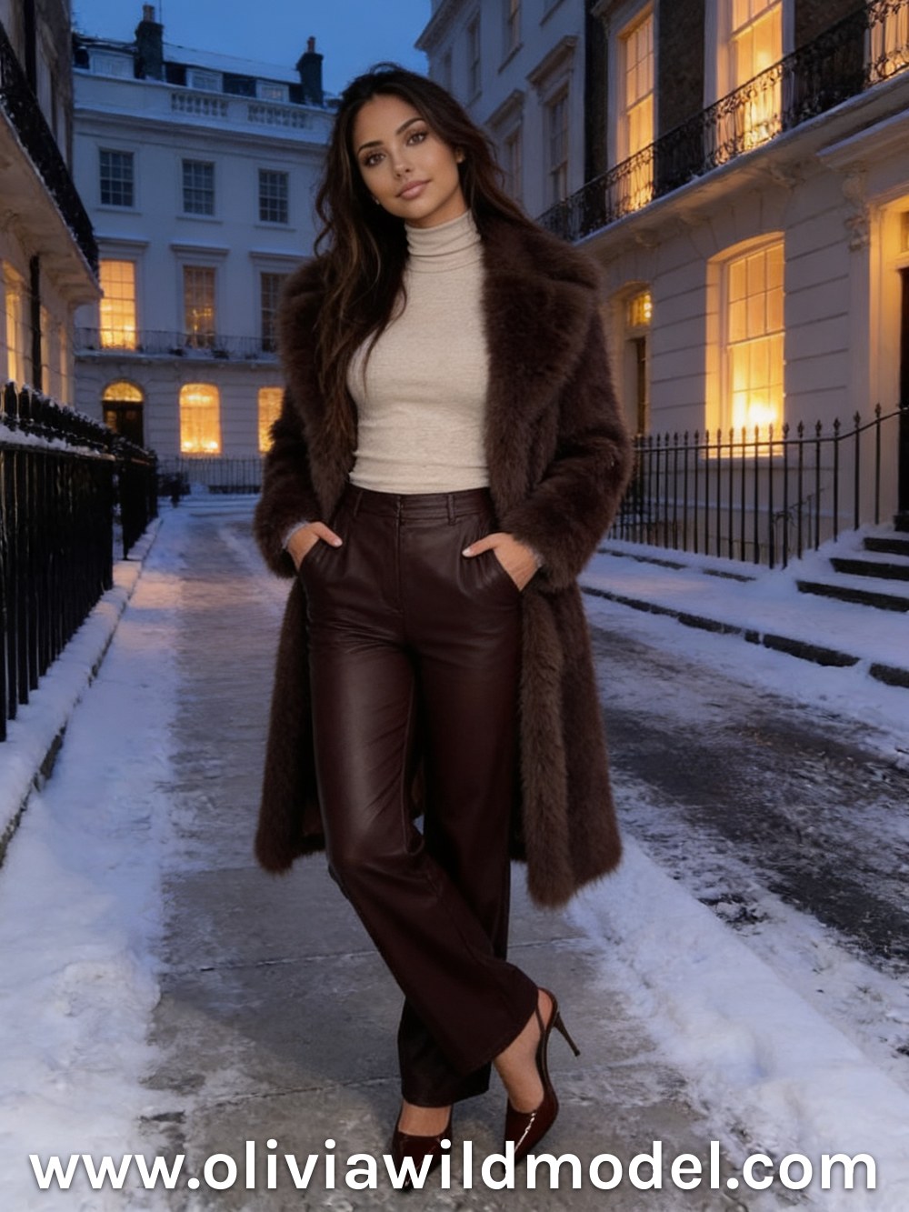 Winter street-style outfit on a snowy London street at dusk: long espresso-brown faux fur coat over an oatmeal ribbed turtleneck, brown glossy faux-leather straight trousers and dark pointed-toe patent pumps