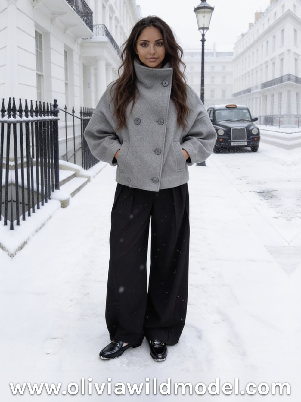 Short jacket outfit on a snowy London street: a grey short wool jacket with a high collar buttoned up, black wide-leg pleated trousers and black loafers