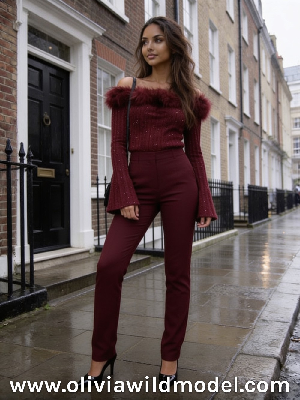 Burgundy Off-Shoulder Blouse & Wide-Leg Trousers: fall outfit by Olivia Wild