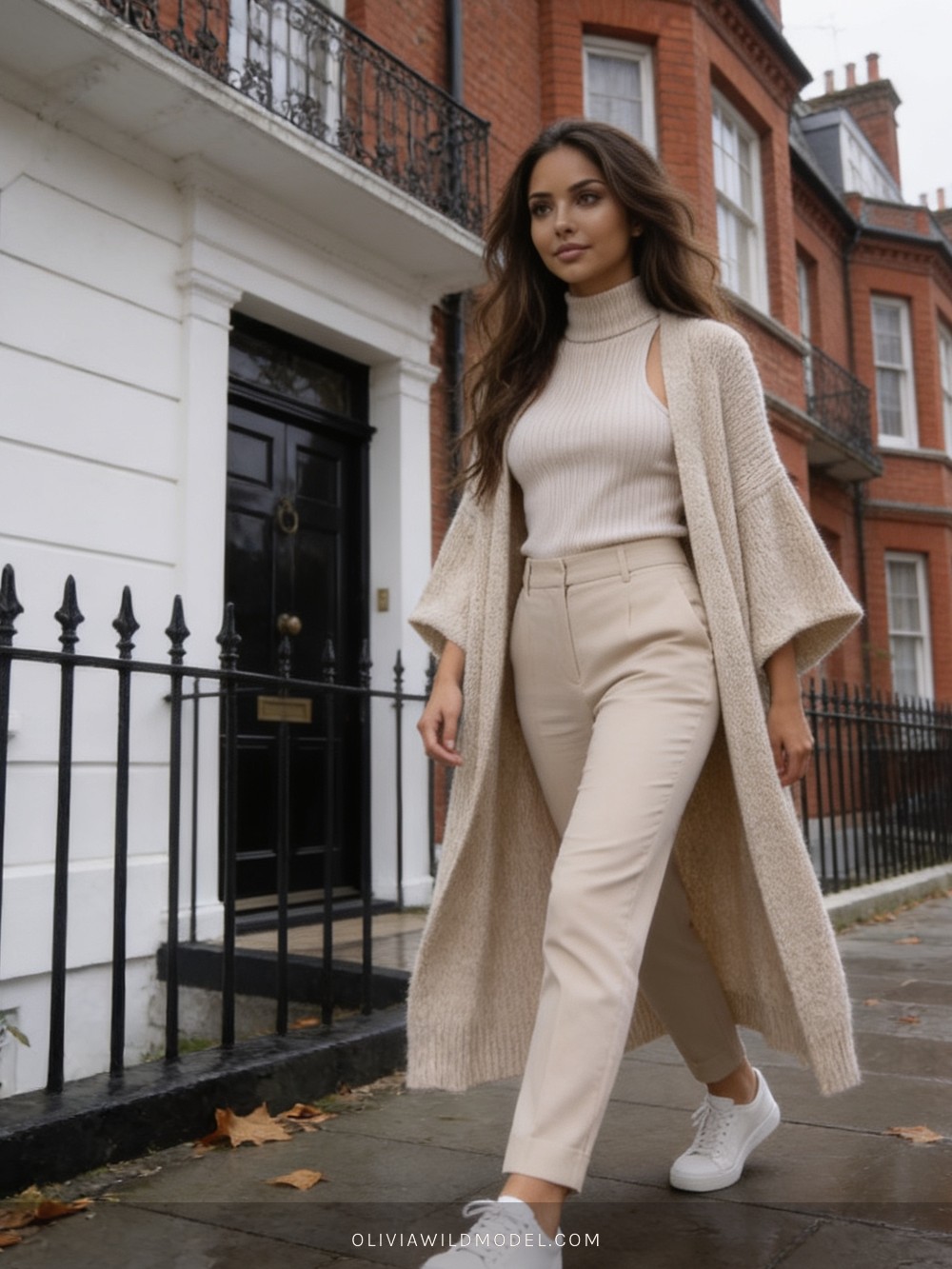 Fall street-style outfit on a London street: floor-length oatmeal knit maxi cardigan over a matching ribbed turtleneck with beige straight trousers and white trainers
