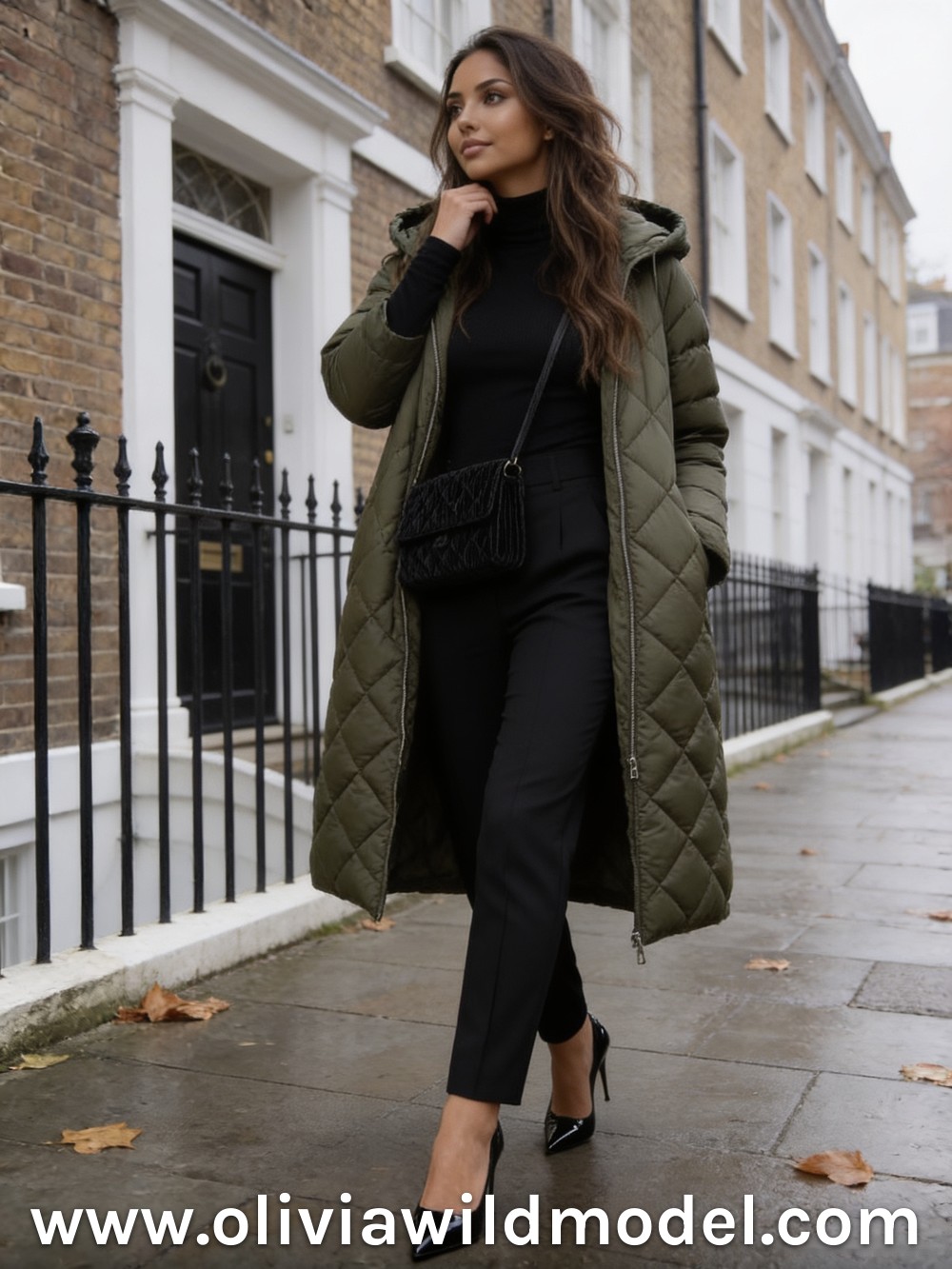 Herbst-Outfit im Street-Style: Olivgrüner Steppmantel & schwarze Hose
