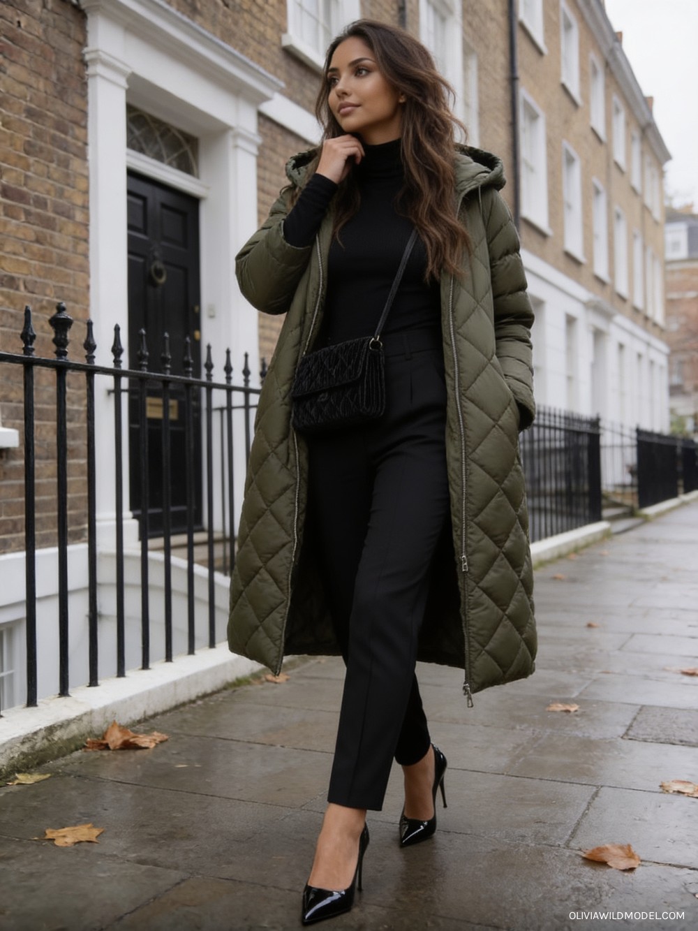 Fall street-style outfit on a London street: olive green diamond-quilted long hooded puffer coat worn open over a black turtleneck, black high-waisted straight-leg tailored trousers, a black quilted corduroy crossbody bag and black patent pointed-toe pumps