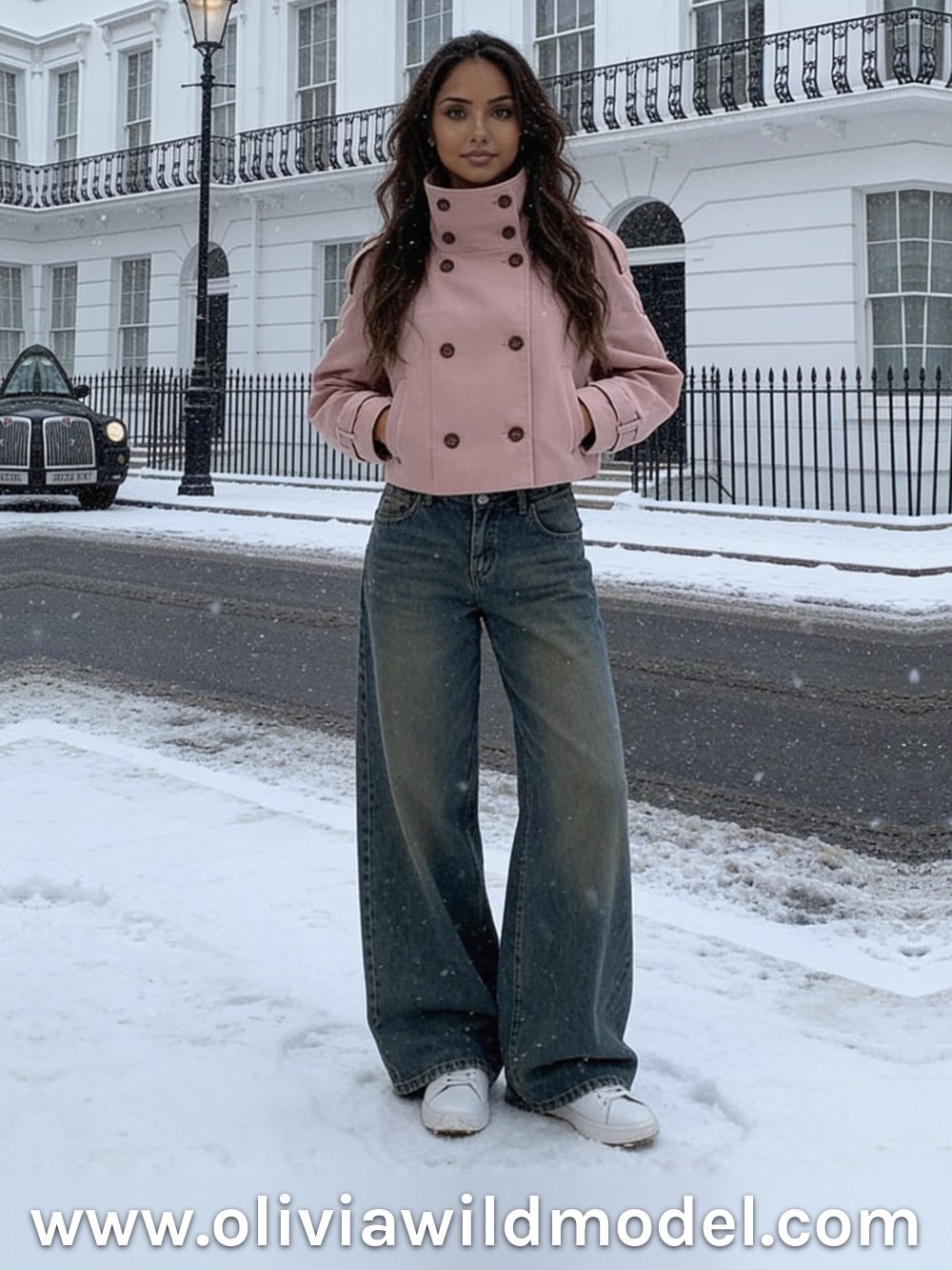 Short jacket outfit on a snowy London street: a dusty pink double-breasted short jacket with a stand-up collar buttoned up, wide faded vintage jeans and white sneakers