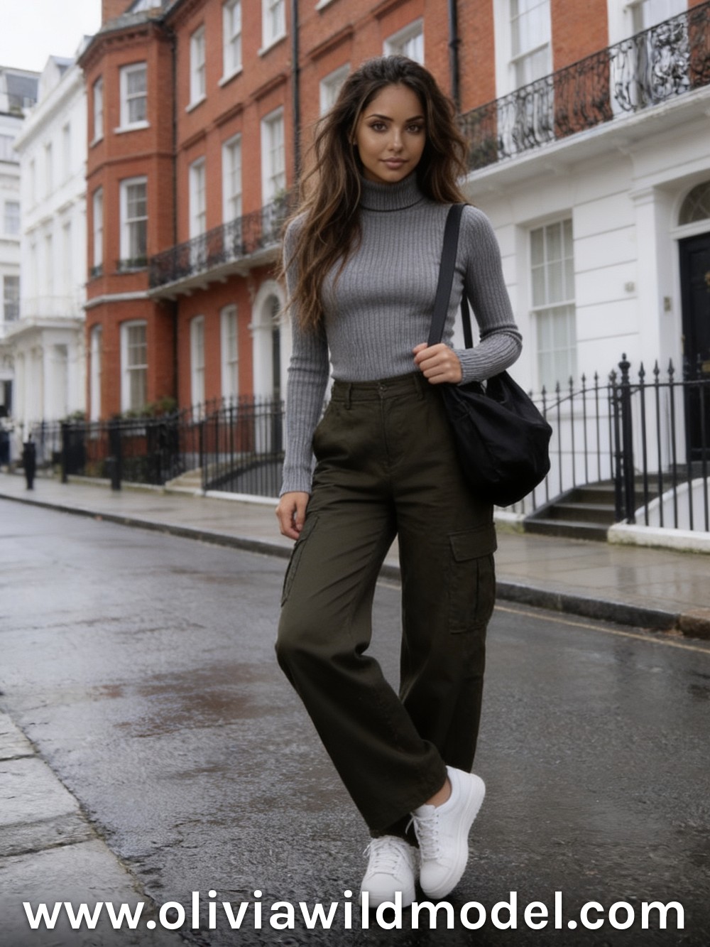 Herbst-Outfit im Street-Style: Grauer Rollkragen & Cargo-Hose