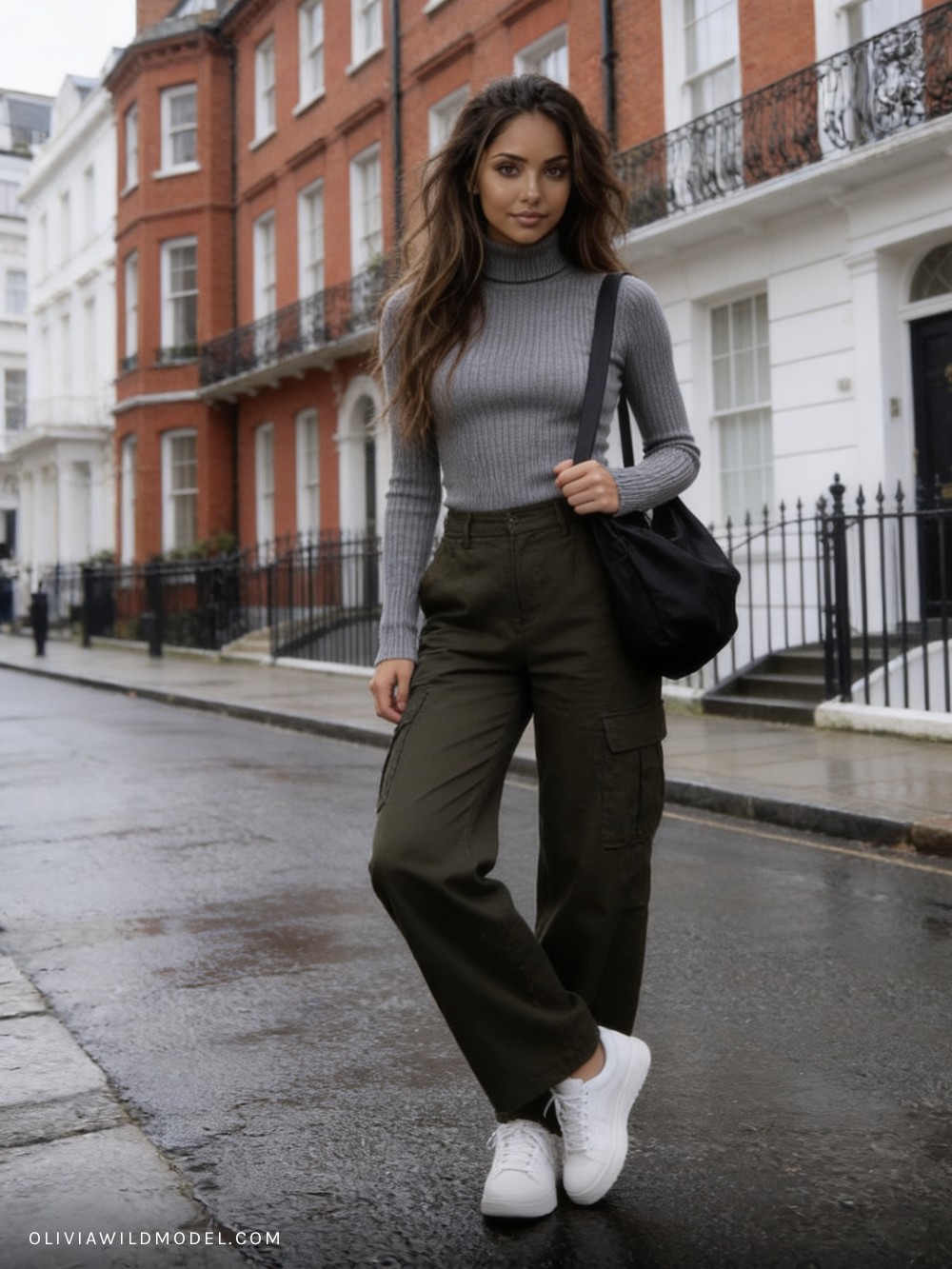 Fall street-style outfit on a London street: fitted grey ribbed turtleneck sweater with long sleeves, dark olive green wide-leg cargo trousers, a black shoulder bag and white trainers