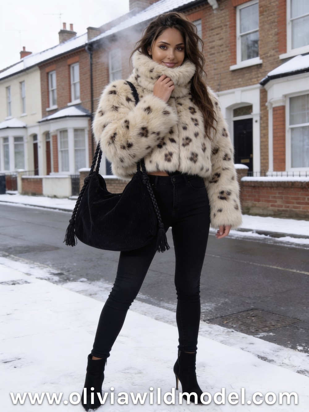 Winter street-style outfit on a snowy London street: cropped leopard-print faux fur coat with a tall rolled funnel collar, black skinny jeans, a black corduroy hobo shoulder bag with braided straps and black ankle boots with a thin heel