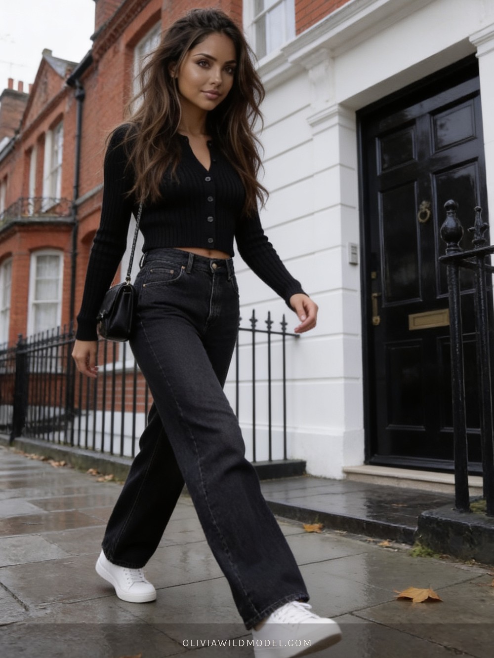 Fall street-style outfit on a London street: black ribbed cropped button cardigan worn buttoned as a top with high-waisted washed-black wide-leg jeans, white trainers and a small black shoulder bag