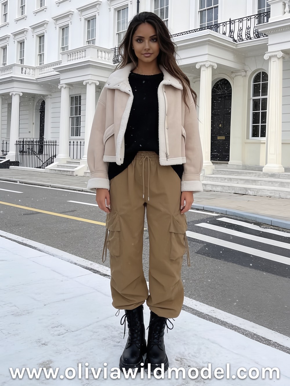 Herbst-Outfit im Street-Style: Khaki-Parachute-Cargo & Shearling-Jacke