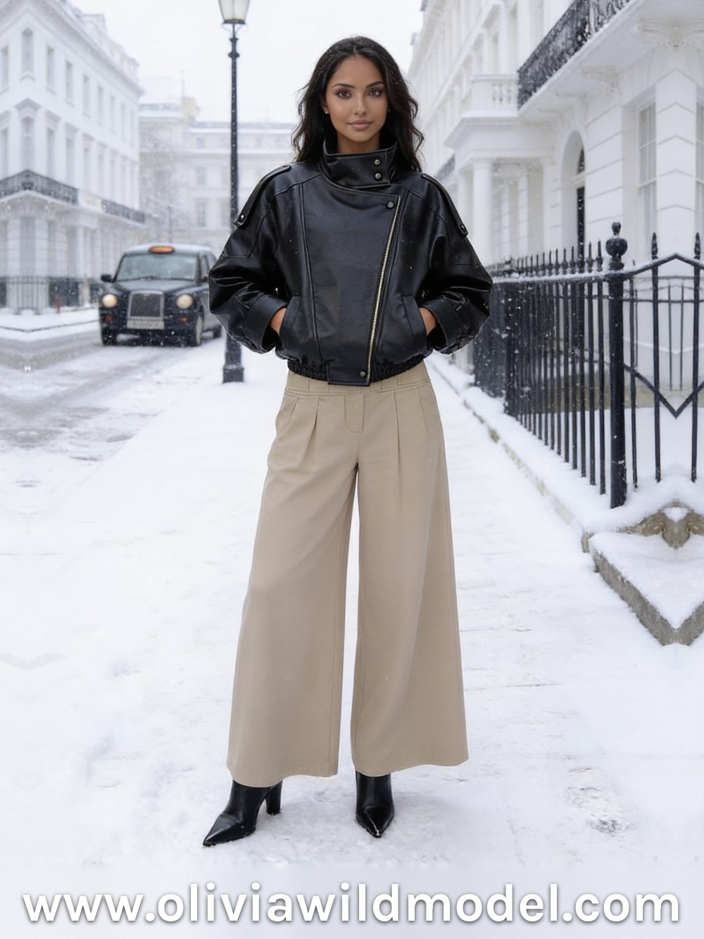 Short jacket outfit on a snowy London street: an oversized black faux leather short jacket zipped up to a stand-up collar, stone beige wide-leg trousers and black pointed ankle boots