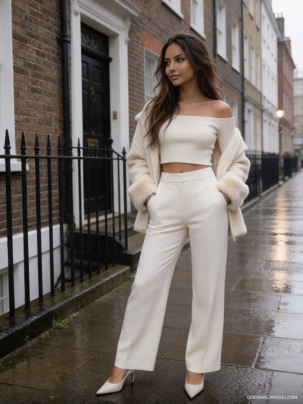 Fall street-style outfit on a London street: cream Carmen-neckline crop sweater, cream wide-leg tailored trousers, cream pointed-toe stiletto pumps and a cream faux-fur short open jacket