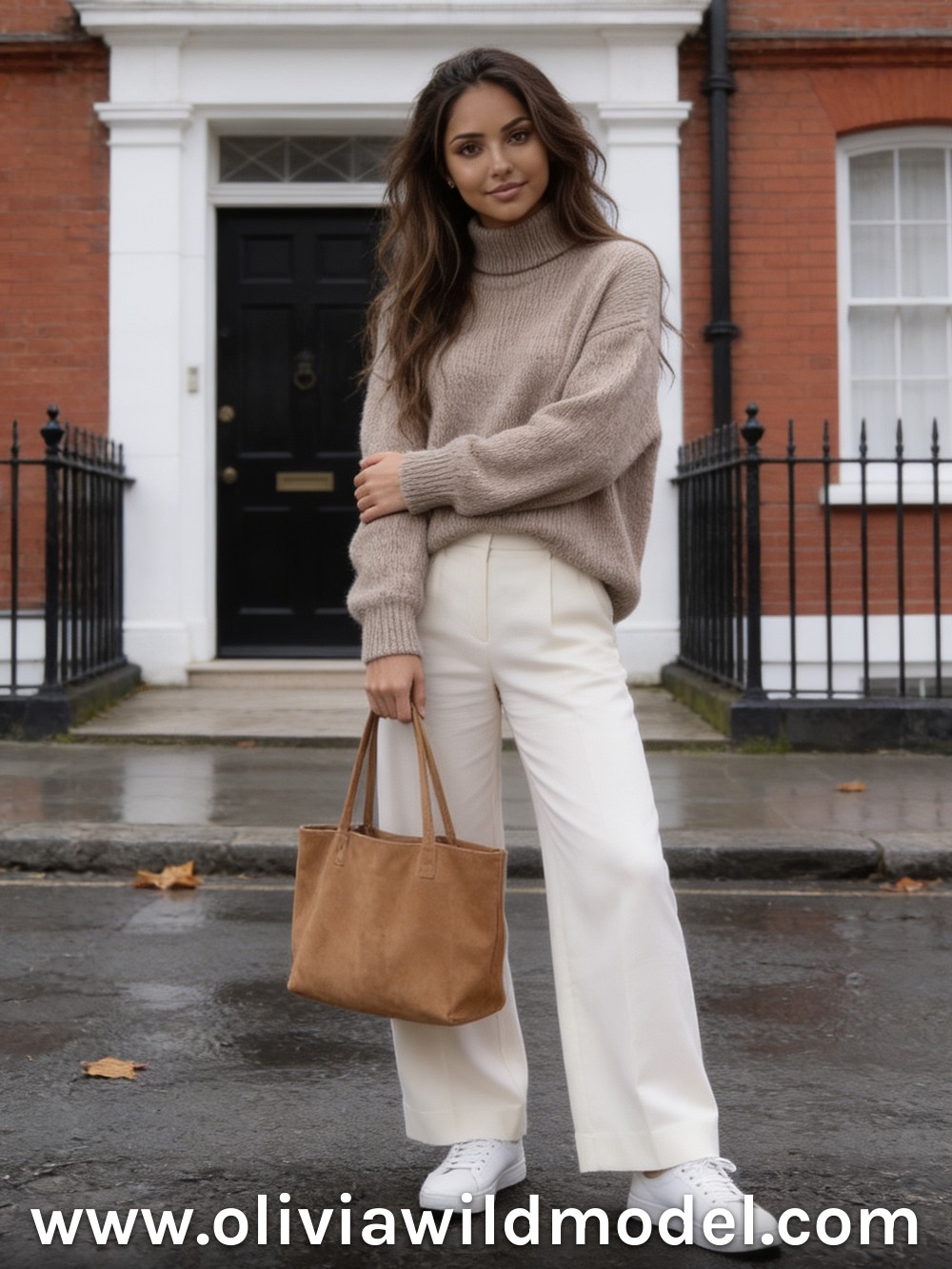 Oatmeal Mock-Turtleneck & Cream Trousers: fall outfit by Olivia Wild