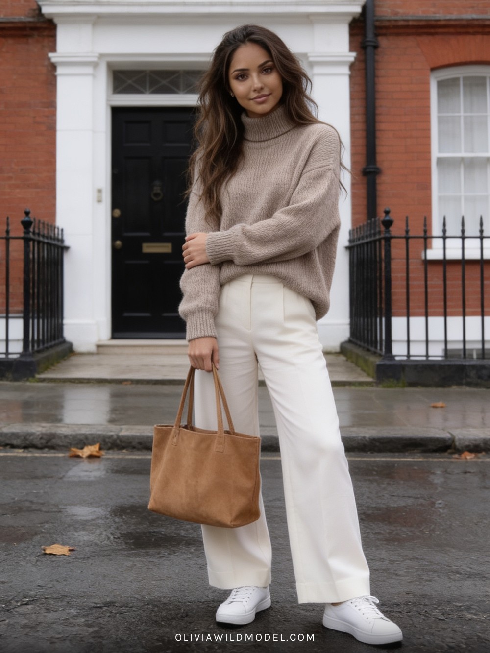 Fall street-style outfit on a London street: oversized oatmeal drop-shoulder mock-turtleneck sweater with cream wide-leg trousers, a tan suede tote and white trainers