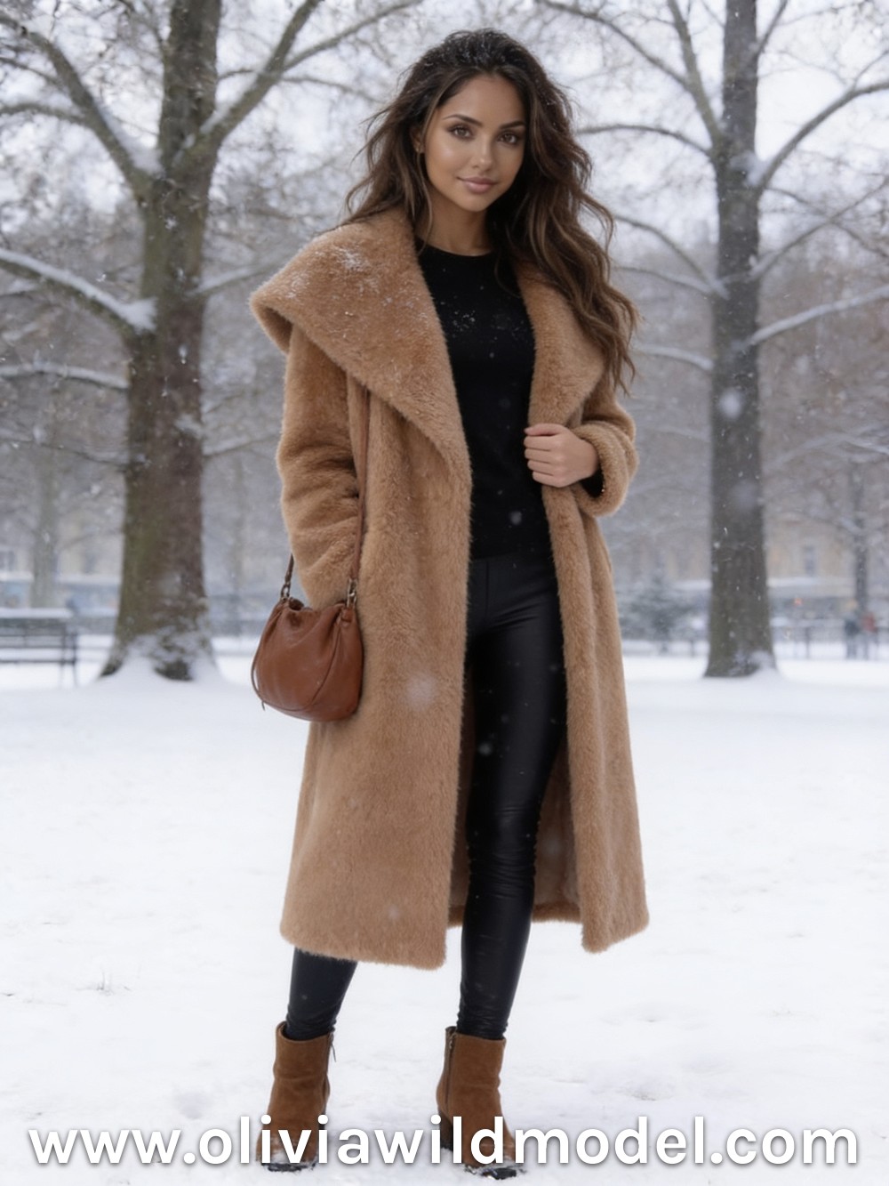 Herbst-Outfit im Street-Style: Camelfarbener Kunstfellmantel & schwarze Leggings