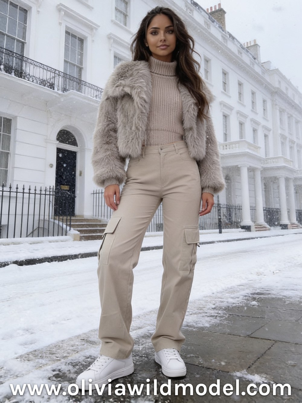 Herbst-Outfit im Street-Style: Beige Cargohose & graue Kunstfell-Jacke