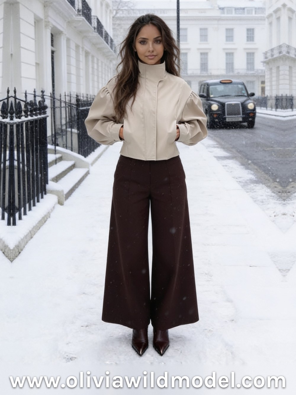Short jacket outfit on a snowy London street: a cream beige faux leather short jacket with puff sleeves and a stand-up collar, chocolate brown wide-leg trousers and brown pointed ankle boots