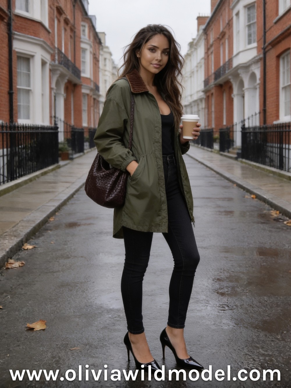 Herbst-Outfit im Street-Style: Olivgrüne Windjacke & schwarze Skinny-Jeans